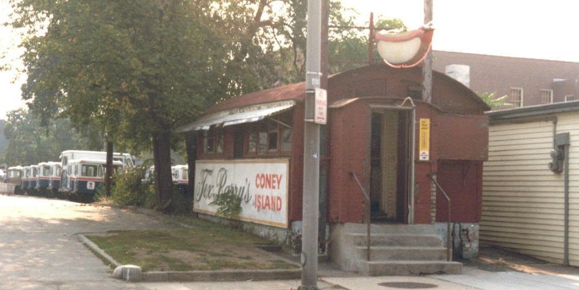 Tex Barry's Coney Island in 1981, an older photo of the diner building with its original sign